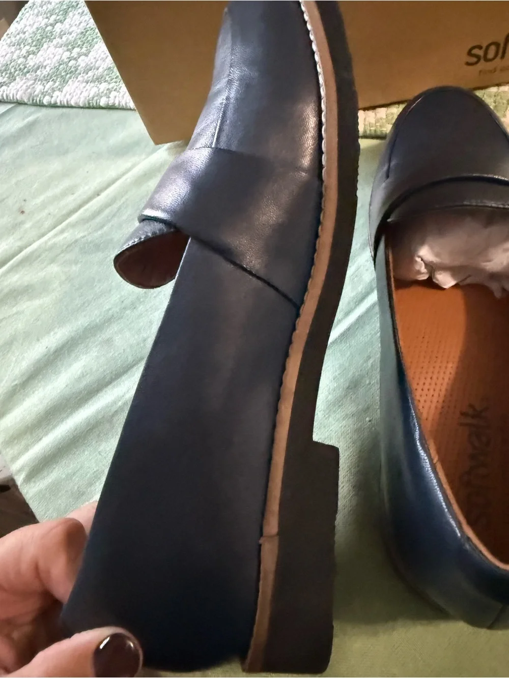 SoftWalk Navy Leather Penny Loafers with Contrast Stitching